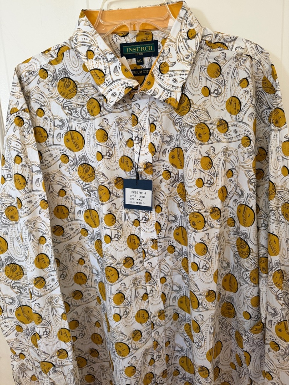 Inserch Icon 4XL Men's White Button-Down Shirt with Gold Paisley Circles
